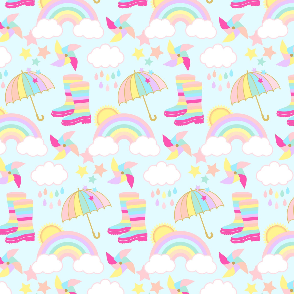Rainbow Showers print with rainbows, clouds, umbrellas, and rain boots on a pale blue background