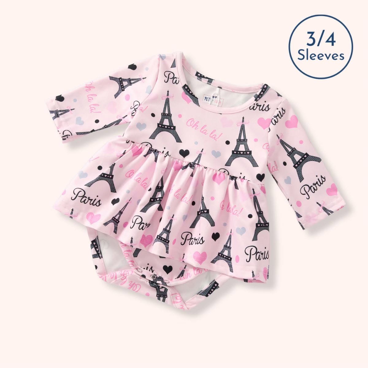 Paris Oh La La! Girl Infant Romper - pink Eiffel Tower print skirted bubble romper with 3/4 sleeves flat lay