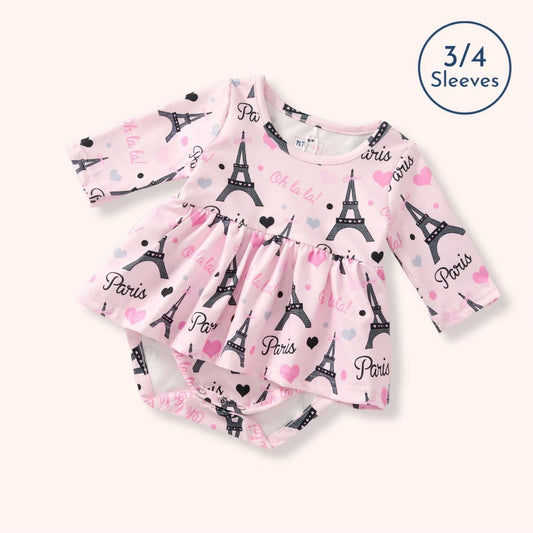 Paris Oh La La! Girl Infant Romper - pink Eiffel Tower print skirted bubble romper with 3/4 sleeves flat lay