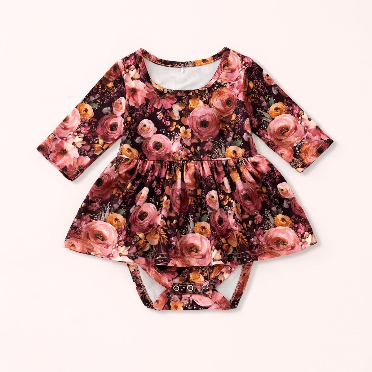 Autumn Embers floral baby romper with a full skirt