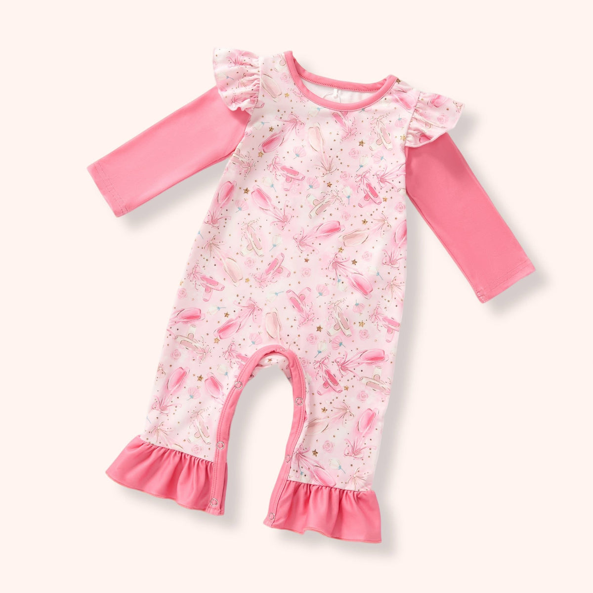 Prima Ballerina pink infant romper with ruffle details