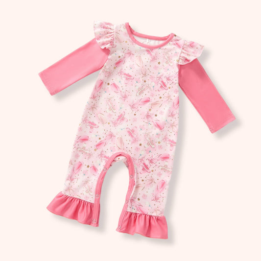 Prima Ballerina pink infant romper with ruffle details