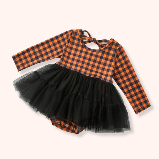 Orange-and-black Harvest Gingham infant romper with black tulle skirt