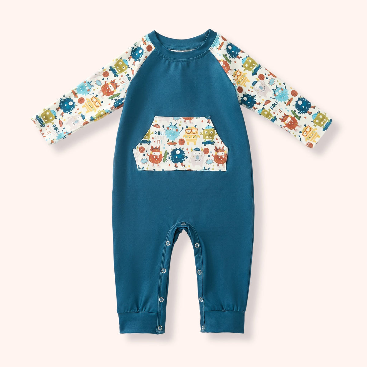 Monster Crew infant romper with teal body, monster print sleeves and kangaroo pocket