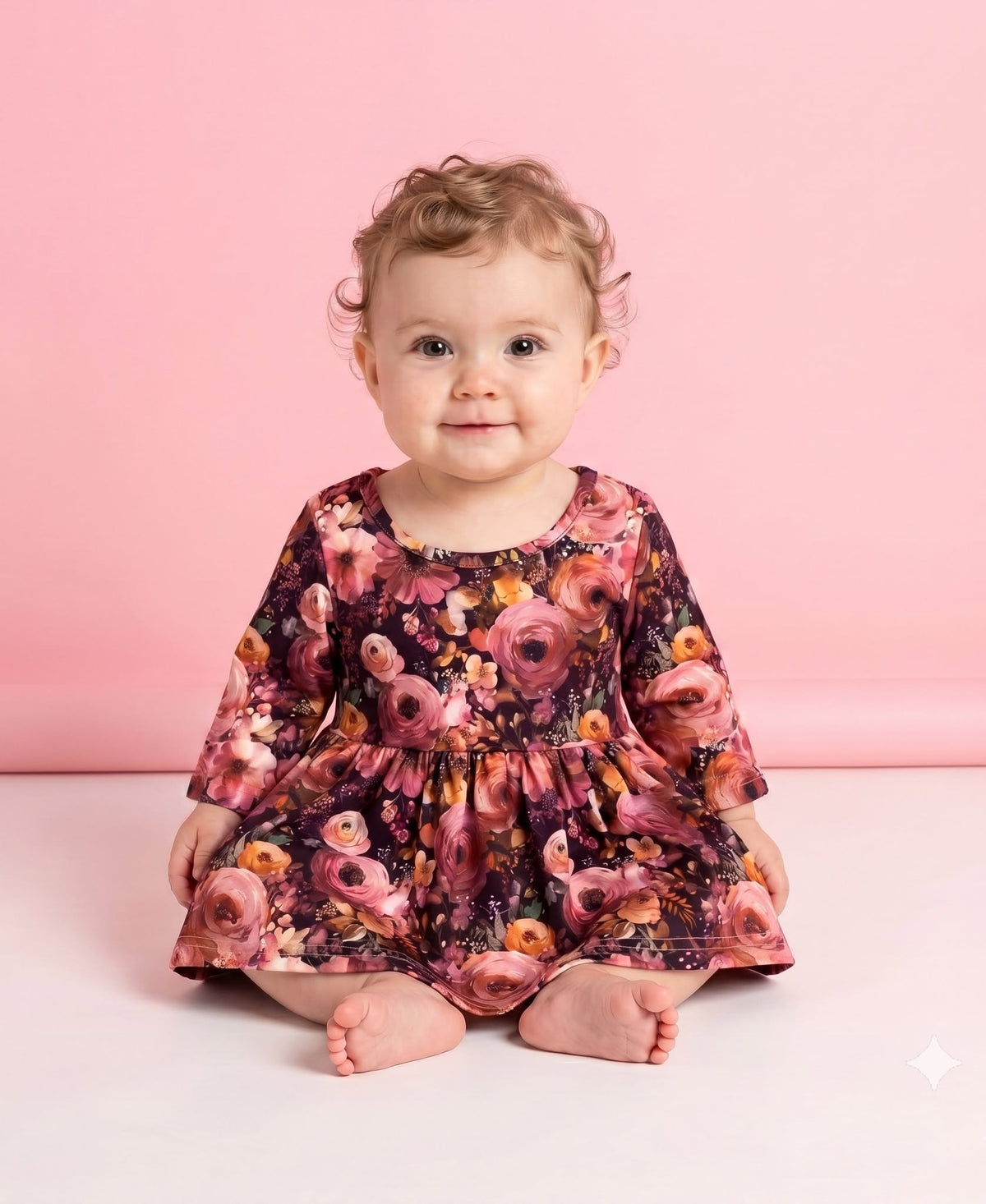 Baby wearing the Autumn Embers floral romper