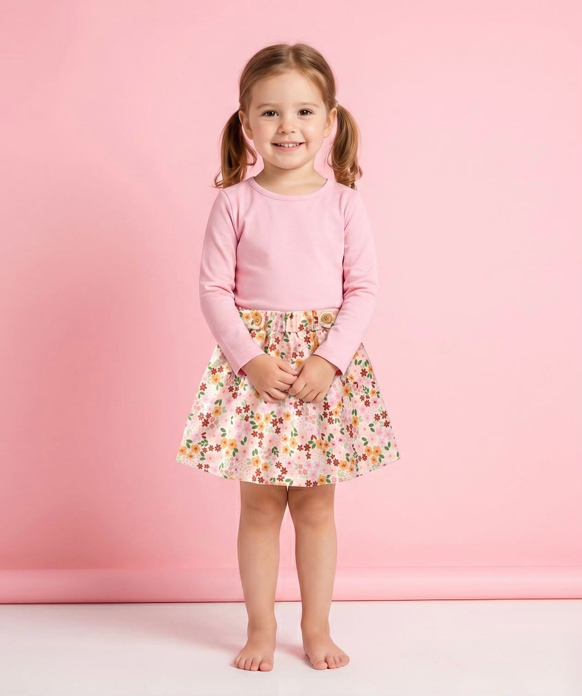 Fall Capsule 2026 Pink Shirt styled with Floral Skort on model