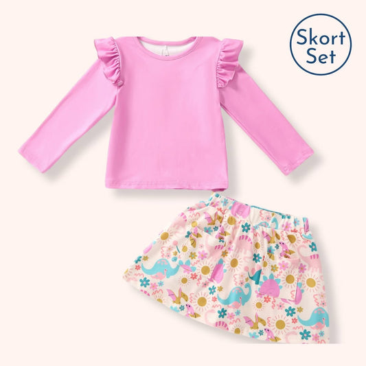 Jurassic Dreams pink ruffle top and colorful dinosaur-print skort set