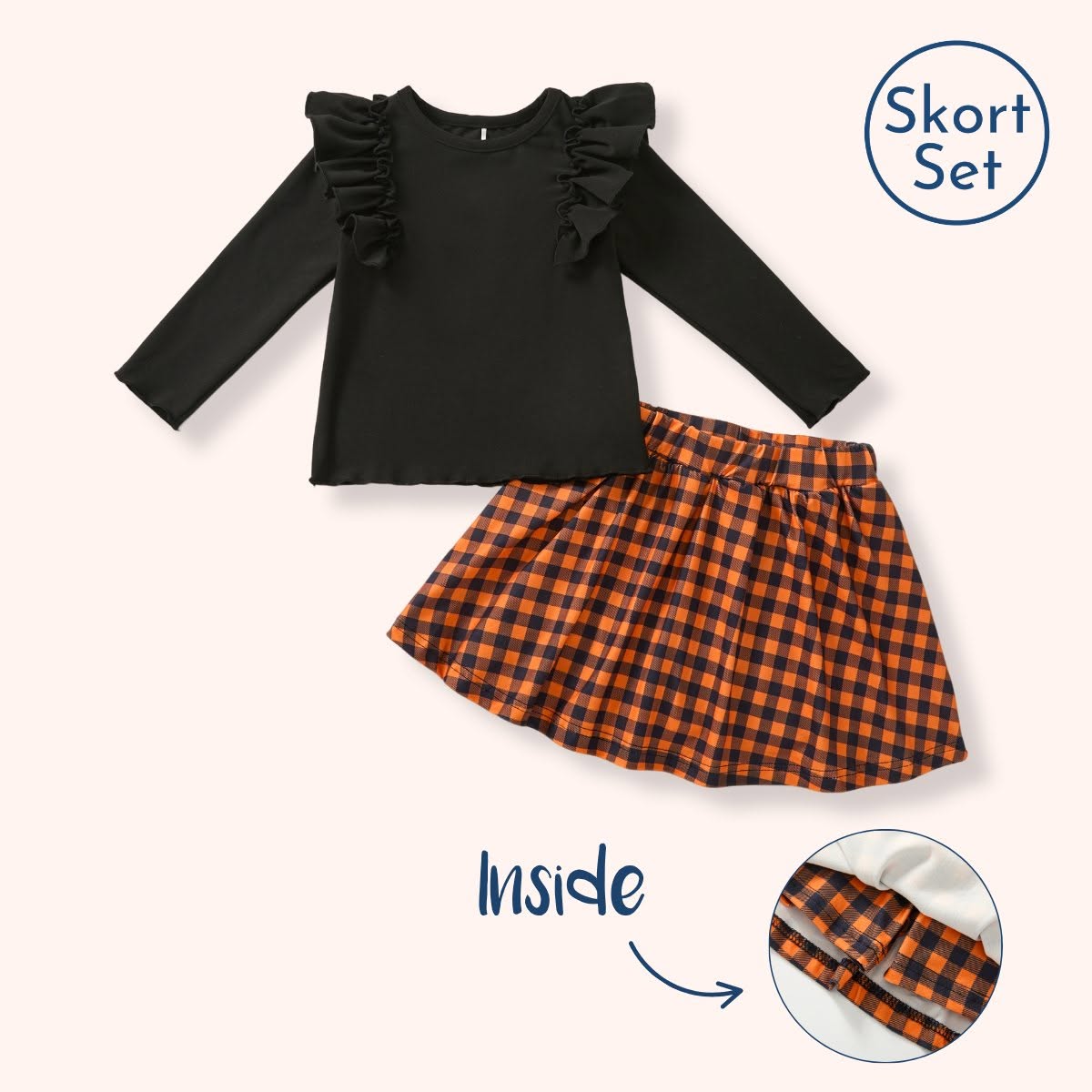 Harvest Gingham black top and orange-and-black skort set detail