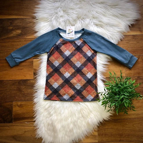 Textured Plaid Tee by TwoCan - rust and navy plaid print with slate blue raglan sleeves