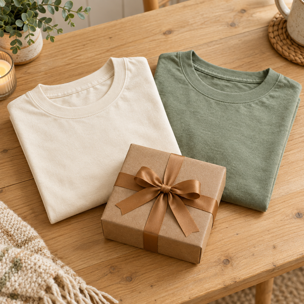 Two adult T-shirts with a closed surprise parcel